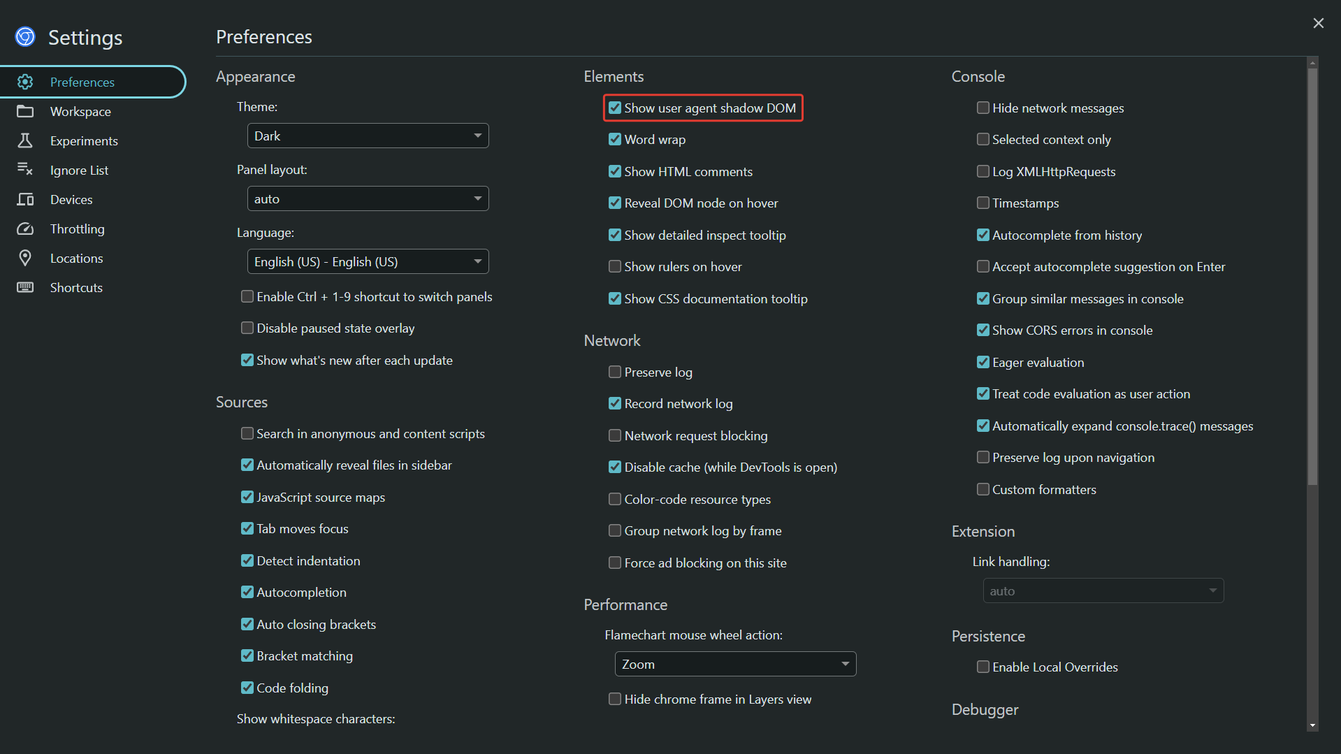 Панель настроек DevTools, выделен чекбокс 'Show user agent shadow DOM'.